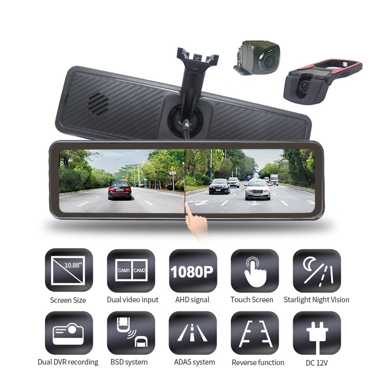 ADAS BSD Function 10.88 Inch HD Rearview Mirror Monitor Dual Camera System